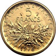 France 5 Francs Piedfort 1976 KM# P559 LIBERTE EGALITE FRATERNITE 5 FRANCS 1976 coin reverse
