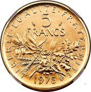 France 5 Francs Piedfort 1975 KM# P532 LIBERTE EGALITE FRATERNITE 5 FRANCS 1975 coin reverse