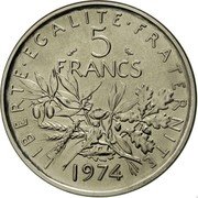 France 5 Francs Piedfort 1974 KM# P503 LIBERTE EGALITE FRATERNITE 5 FRANCS 1974 coin reverse France 5 Francs Piedfort 1974 KM# P503 LIBERTE EGALITE FRATERNITE 5 FRANCS 1974 coin reverse