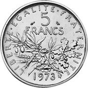 France 5 Francs Piedfort 1973 KM# P480 LIBERTE EGALITE FRATERNITE 5 FRANCS 1973 coin reverse