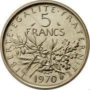 France 5 Francs Piedfort 1970 KM# P408 LIBERTE EGALITE FRATERNITE 5 FRANCS 1970 coin reverse France 5 Francs Piedfort 1970 KM# P408 LIBERTE EGALITE FRATERNITE 5 FRANCS 1970 coin reverse