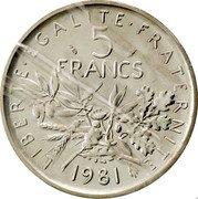 France 5 Francs Piefort 1981 KM# P708 LIBERTE EGALITE FRATERNITE 5 FRANCS 1981 coin reverse France 5 Francs Piefort 1981 KM# P708 LIBERTE EGALITE FRATERNITE 5 FRANCS 1981 coin reverse