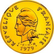 France 50 Francs Piedfort - New Caledonia 1979  Proof KM# P9b RÉPUBLIQUE FRANÇAISE R JOLY I E O M 1979 coin obverse
