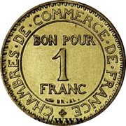 France 1 Franc (Chambres de Commerce Pattern-Piedfort of Domard) CHAMBRES. DE. COMMERCE. DE. FRANCE BON POUR 1 FRANC BR. AL. coin obverse France 1 Franc (Chambres de Commerce Pattern-Piedfort of Domard) CHAMBRES. DE. COMMERCE. DE. FRANCE BON POUR 1 FRANC BR. AL. coin obverse