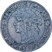 France 1 Franc KM# 46 Guadeloupe REPUBLIQUE FRANÇAISE A. PATEY GUADELOUPE ET DÉPENDANCES coin obverse France 1 Franc KM# 46 Guadeloupe REPUBLIQUE FRANÇAISE A. PATEY GUADELOUPE ET DÉPENDANCES coin obverse