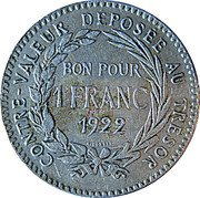 France 1 Franc KM# 41 Martinique CONTRE-VALEUR DÉPOSÉE AU TRÉSOR BON POUR 1 FRANC 1922 A. BORREL coin reverse France 1 Franc KM# 41 Martinique CONTRE-VALEUR DÉPOSÉE AU TRÉSOR BON POUR 1 FRANC 1922 A. BORREL coin reverse