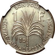 France 1 Franc (Guadeloupe Essai) KM# E5 BON POUR 1 F. 19 CONTRE.VALEUR.DÉPOSÉE.AU.TRÉSOR. coin reverse France 1 Franc (Guadeloupe Essai) KM# E5 BON POUR 1 F. 19 CONTRE.VALEUR.DÉPOSÉE.AU.TRÉSOR. coin reverse
