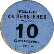 France 10 Centimes (City of Bessieres) VILLE DE BESSIÈRES 10 CENTIMES. 1918 coin obverse France 10 Centimes (City of Bessieres) VILLE DE BESSIÈRES 10 CENTIMES. 1918 coin obverse
