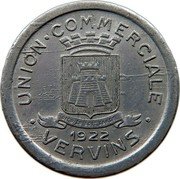 France 10 Centimes Commune of Vervins 1922  UNION COMMERCIALE DIEU EN SOIT GARDE 1922 VERVINS coin obverse France 10 Centimes Commune of Vervins 1922  UNION COMMERCIALE DIEU EN SOIT GARDE 1922 VERVINS coin obverse
