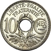 France 10 Centimes (Lindauer. Essai in C. Two Dots) LIBERTÉ ÉGALITÉ FRATERNITÉ 10 C MES ESSAI 1938 coin reverse France 10 Centimes (Lindauer. Essai in C. Two Dots) LIBERTÉ ÉGALITÉ FRATERNITÉ 10 C MES ESSAI 1938 coin reverse