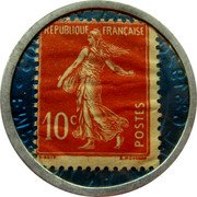 France 10 Centimes (Type 2a. Red Stamp with Blue Marked Text Background) REPUBLIQUE FRANCAISE 10C POSTES coin obverse France 10 Centimes (Type 2a. Red Stamp with Blue Marked Text Background) REPUBLIQUE FRANCAISE 10C POSTES coin obverse