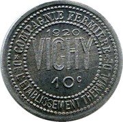 France 10 Centimes (Vichy. Allier Department) VICHY 1920 10 C. COMPAGNIE FERMIERE DE L'ETABLISSEMENT THERMAL DE coin obverse France 10 Centimes (Vichy. Allier Department) VICHY 1920 10 C. COMPAGNIE FERMIERE DE L'ETABLISSEMENT THERMAL DE coin obverse