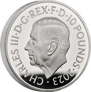UK 10 Pounds British Monarchs. King Charles II 2023 CHARLES III D G REX F D 10 POUNDS 2023 MJ coin obverse