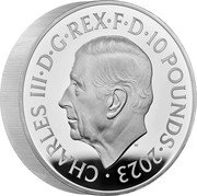 UK 10 Pounds (British Monarchs. King Charles II) CHARLES III D G REX F D 10 POUNDS 2023 MJ coin obverse