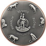 Vanuatu 10 Vatu Double Giant Predators. Tiger 2023 LONG GOD YUMI STANAP 10 VATU RIPABLIK BLONG VANUATU coin obverse Vanuatu 10 Vatu Double Giant Predators. Tiger 2023 LONG GOD YUMI STANAP 10 VATU RIPABLIK BLONG VANUATU coin obverse