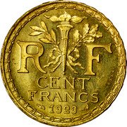 France 100 Francs Pattern of Guilbert 1929  Essai KM# E54a R F CENT FRANCS 1929 ESSAI coin reverse France 100 Francs Pattern of Guilbert 1929  Essai KM# E54a R F CENT FRANCS 1929 ESSAI coin reverse
