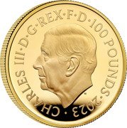UK 100 Pounds (British Monarchs. King Charles II) CHARLES III D G REX F D 100 POUNDS 2023 MJ coin obverse UK 100 Pounds (British Monarchs. King Charles II) CHARLES III D G REX F D 100 POUNDS 2023 MJ coin obverse