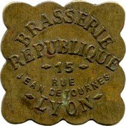 France 2 Francs Lyon. Brasserie Republique 1917 ND BRASSERIE REPUBLIQUE 15 RUE JEAN DE TOURNES LYON coin obverse France 2 Francs Lyon. Brasserie Republique 1917 ND BRASSERIE REPUBLIQUE 15 RUE JEAN DE TOURNES LYON coin obverse