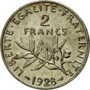 France 2 francs Semeuse Piedfort 1928  KM# P297 LIBERTE EGALITE FRATERNITE 2 FRANCS 1928 coin reverse France 2 francs Semeuse Piedfort 1928  KM# P297 LIBERTE EGALITE FRATERNITE 2 FRANCS 1928 coin reverse