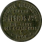 France 20 Centimes Lyon. Serrurier Constructeur 1917 ND SERRURIER CONSTRUCTEUR BTE. S.G.D.G LEGROS JNE. RUE NEUVE DES CHARPENES 5 LYON coin obverse France 20 Centimes Lyon. Serrurier Constructeur 1917 ND SERRURIER CONSTRUCTEUR BTE. S.G.D.G LEGROS JNE. RUE NEUVE DES CHARPENES 5 LYON coin obverse