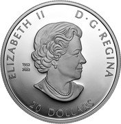 Canada 20 Dollars 150th Anniversary of the Royal Canadian Mounted Police 2023 ELIZABETH II D G REGINA 20 DOLLARS 1952 2022 coin obverse Canada 20 Dollars 150th Anniversary of the Royal Canadian Mounted Police 2023 ELIZABETH II D G REGINA 20 DOLLARS 1952 2022 coin obverse