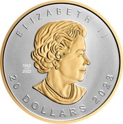 Canada 20 Dollars Maple Leaf 35th Anniversary 2023 Ultra High Relief ELIZABETH II 20 DOLLARS 2023 SB 1952 2022 coin obverse Canada 20 Dollars Maple Leaf 35th Anniversary 2023 Ultra High Relief ELIZABETH II 20 DOLLARS 2023 SB 1952 2022 coin obverse