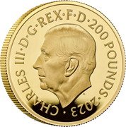 UK 200 Pounds (British Monarchs. King Charles II) CHARLES III D G REX F D 200 POUNDS 2023 MJ coin obverse UK 200 Pounds (British Monarchs. King Charles II) CHARLES III D G REX F D 200 POUNDS 2023 MJ coin obverse