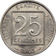 France 25 Centimes Liberty 1903 KM# P251 25 CENTIMES LIBERTÉ ÉGALITÉ FRATERNITÉ 1903 coin reverse