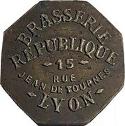 France 25 Centimes (Lyon. Brasserie Republique) BRASSERIE REPUBLIQUE 15 RUE JEAN DE TOURNES LYON coin obverse France 25 Centimes (Lyon. Brasserie Republique) BRASSERIE REPUBLIQUE 15 RUE JEAN DE TOURNES LYON coin obverse