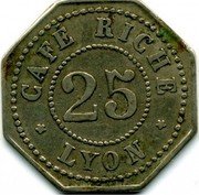 France 25 Centimes Lyon. Cafe Riche 1917 ND 25 CAFÉ RICHE LYON coin reverse France 25 Centimes Lyon. Cafe Riche 1917 ND 25 CAFÉ RICHE LYON coin reverse