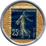 France 25 Centimes (Type 2. Blue Stamp with White Marked Text Background) REPUBLIQUE FRANCAISE 25C POSTES coin obverse France 25 Centimes (Type 2. Blue Stamp with White Marked Text Background) REPUBLIQUE FRANCAISE 25C POSTES coin obverse