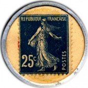 France 25 Centimes (Type 3. Blue Stamp with White Background. Red Circle) REPUBLIQUE FRANCAISE 25C POSTES coin obverse France 25 Centimes (Type 3. Blue Stamp with White Background. Red Circle) REPUBLIQUE FRANCAISE 25C POSTES coin obverse