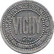 France 25 Centimes Vichy. Allier Department 1922 Without date above VICHY VICHY 25 C. COMPAGNIE FERMIERE DE L'ETABLISSEMENT THERMAL DE coin obverse France 25 Centimes Vichy. Allier Department 1922 Without date above VICHY VICHY 25 C. COMPAGNIE FERMIERE DE L'ETABLISSEMENT THERMAL DE coin obverse