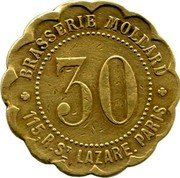 France 30 Centimes Paris. Brasserie Mollard 1917 ND 30 BRASSERIE MOLLARD 115, R. ST LAZARE. PARIS coin obverse France 30 Centimes Paris. Brasserie Mollard 1917 ND 30 BRASSERIE MOLLARD 115, R. ST LAZARE. PARIS coin obverse