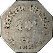 France 40 Centimes Paris. Brasserie Viennoise 1917 ND 40 C BRASSERIE VIENNOISE 53 RUE LAFAYETTE coin obverse France 40 Centimes Paris. Brasserie Viennoise 1917 ND 40 C BRASSERIE VIENNOISE 53 RUE LAFAYETTE coin obverse