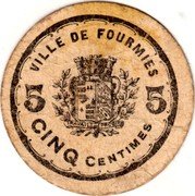 France 5 Centimes (Commune of Fourmies) VILLE DE FOURMIES 5 5 CINQ CENTIMES coin obverse France 5 Centimes (Commune of Fourmies) VILLE DE FOURMIES 5 5 CINQ CENTIMES coin obverse