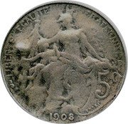 France 5 Centimes (Daniel-Dupuis Essai.Contremarced) LIBERTÉ ÉGALITÉ FRATERNITÉ 5C 1908 coin reverse