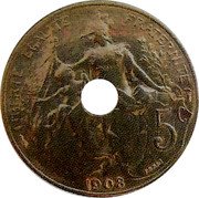 France 5 Centimes (Daniel-Dupuis Essai Perforated) LIBERTE EGALITE FRATERNITE 5C 1908 ESSAI coin reverse France 5 Centimes (Daniel-Dupuis Essai Perforated) LIBERTE EGALITE FRATERNITE 5C 1908 ESSAI coin reverse