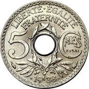 France 5 Centimes Lindauer. Essai in C. Two Dots 1938  LIBERTÉ ÉGALITÉ FRATERNITÉ 5 C MES ESSAI 1938 coin reverse France 5 Centimes Lindauer. Essai in C. Two Dots 1938  LIBERTÉ ÉGALITÉ FRATERNITÉ 5 C MES ESSAI 1938 coin reverse