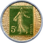 France 5 Centimes Type 2a. Green Stamp with Yellow Marked Text Background 1920 REPUBLIQUE FRANCAISE 5C POSTES coin obverse France 5 Centimes Type 2a. Green Stamp with Yellow Marked Text Background 1920 REPUBLIQUE FRANCAISE 5C POSTES coin obverse