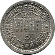 France 5 Centimes (Vichy. Allier Department) VICHY 5 C. COMPAGNIE FERMIERE DE L'ETABLISSEMENT THERMAL DE 1920 coin obverse