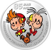 Belgium 5 Euro (Spirou & Fantasio. Coloured) 85 JAAR ANS FRANQUIN © DUPUIS, 2023 ROBBEDOES EN KWABBERNOOT SPIROU ET FANTASIO coin reverse