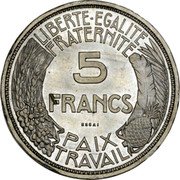 France 5 francs Essai by Delannoy 1933  KM# E66 LIBERTE EGALITE FRATERNITE 5 FRANCS ESSAI PAIX TRAVAIL coin reverse France 5 francs Essai by Delannoy 1933  KM# E66 LIBERTE EGALITE FRATERNITE 5 FRANCS ESSAI PAIX TRAVAIL coin reverse