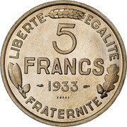 France 5 Francs Essai by Morlon 1933  LIBERTE EGALITE FRATERNITE 5 FRANCS 1933 ESSAI coin reverse France 5 Francs Essai by Morlon 1933  LIBERTE EGALITE FRATERNITE 5 FRANCS 1933 ESSAI coin reverse