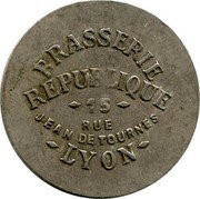 France 5 Francs Lyon. Brasserie Republique 1917 ND BRASSERIE REPUBLIQUE 15 RUE JEAN DE TOURNES LYON coin obverse France 5 Francs Lyon. Brasserie Republique 1917 ND BRASSERIE REPUBLIQUE 15 RUE JEAN DE TOURNES LYON coin obverse