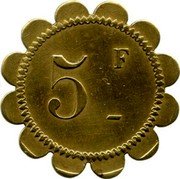 France 5 Francs Lyon. Restaurant Berthoux 1917 ND 5 F coin reverse France 5 Francs Lyon. Restaurant Berthoux 1917 ND 5 F coin reverse