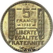 France 5 Francs (Pattern of Turin) ESSAI 5 FRANCS 1933 LIBERTE EGALITE FRATERNITE 24 MM. - 6 GR. coin reverse France 5 Francs (Pattern of Turin) ESSAI 5 FRANCS 1933 LIBERTE EGALITE FRATERNITE 24 MM. - 6 GR. coin reverse