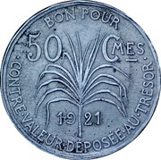France 50 Centimes KM# 45 Guadeloupe BON POUR 50 CMES 1921 CONTRE.VALEUR.DÉPOSÉE.AU.TRÉSOR. coin reverse France 50 Centimes KM# 45 Guadeloupe BON POUR 50 CMES 1921 CONTRE.VALEUR.DÉPOSÉE.AU.TRÉSOR. coin reverse