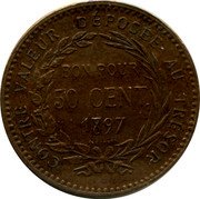 France 50 Centimes KM# 40 Martinique CONTRE-VALEUR DÉPOSÉE AU TRÉSOR BON POUR 50 CENT 1897 A. BORREL coin reverse France 50 Centimes KM# 40 Martinique CONTRE-VALEUR DÉPOSÉE AU TRÉSOR BON POUR 50 CENT 1897 A. BORREL coin reverse