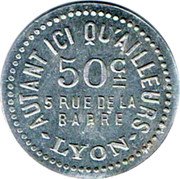 France 50 Centimes (Lyon. Autant Ici Qu’ailleurs) 50 C= 5 RUE DE LA BARRE AUTANT ICI QU'AILLEURS LYON coin obverse France 50 Centimes (Lyon. Autant Ici Qu’ailleurs) 50 C= 5 RUE DE LA BARRE AUTANT ICI QU'AILLEURS LYON coin obverse
